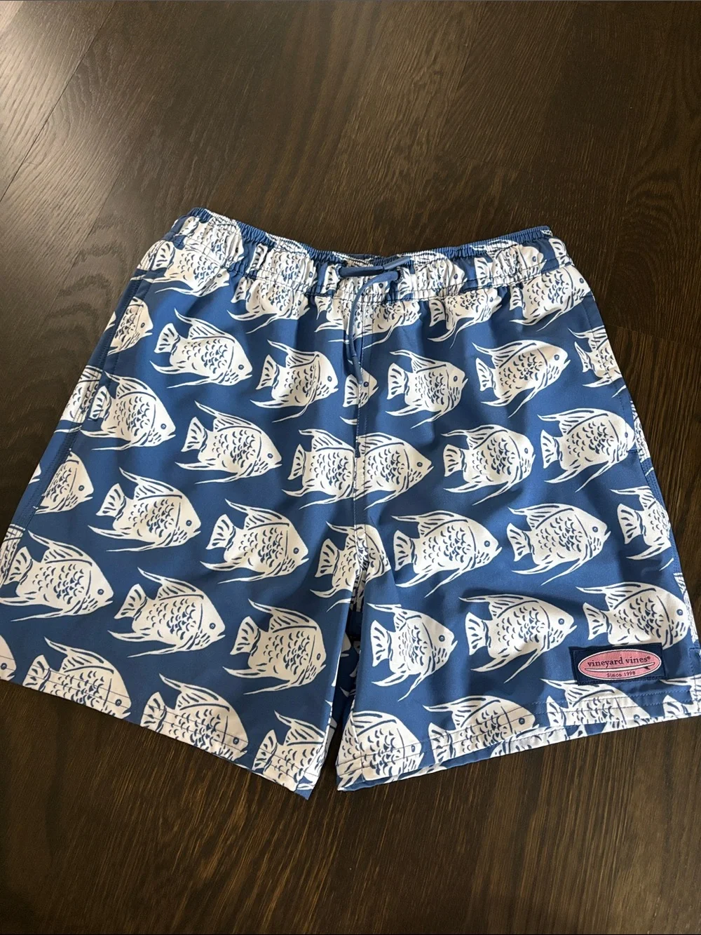 Vineyard Vines Boys Blue and White Fish Print Swim Trunks